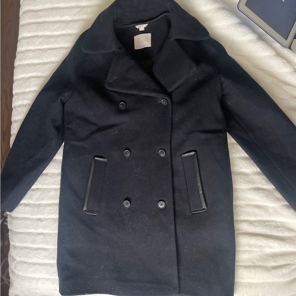 SOIA & KYO

Wool navy blue classic coat leather trim and removable lining